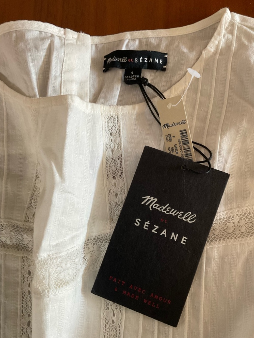 Madewell et Sezane Pintuck Lace and Cotton Blouse, NWT - Picture 3 of 4